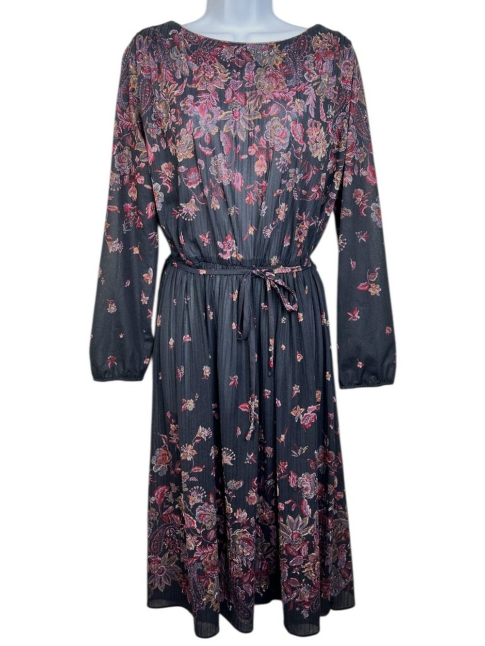 Vintage 1970s Malouf of Dallas Floral Midi Dress Long Sleeve Black Multicolor Me